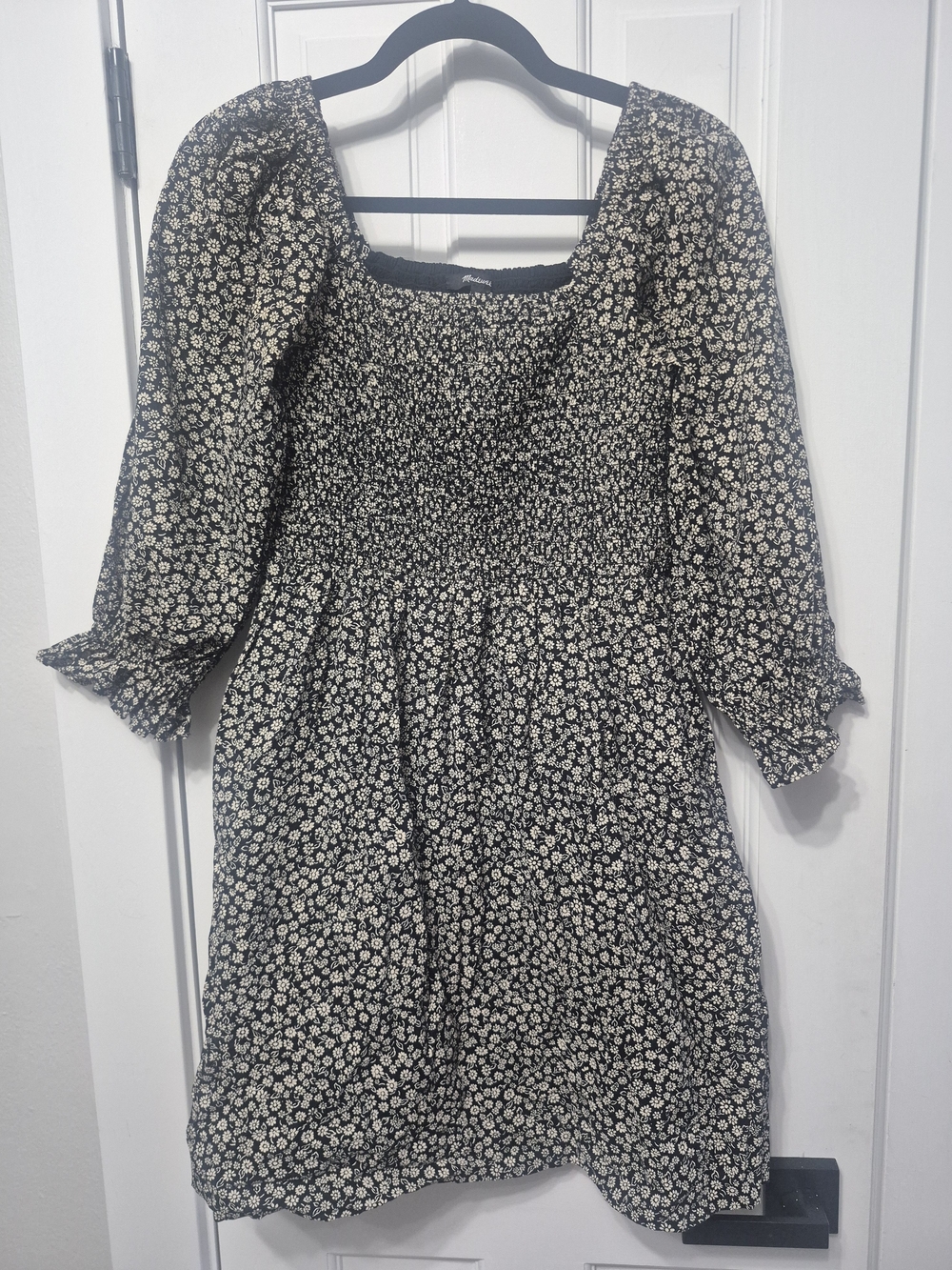 100% Cotton Black Floral Square-Neck Smocked Mini Dress